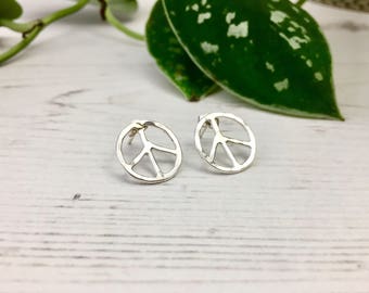 Small peace sign hammered stud earrings eco sterling silver