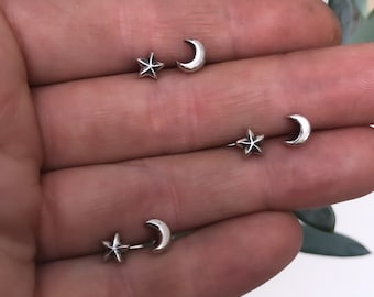 Eco sterling silver vegan cosmic moondust moon and star stud earrings