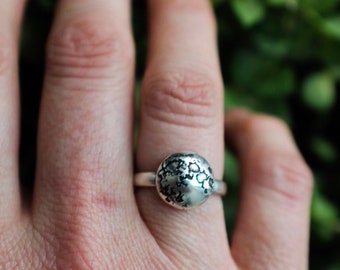 Etched full moon statement ring eco sterling silver