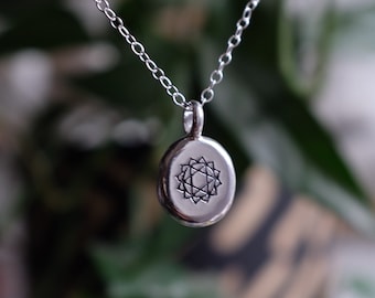 Anahata heart chakra etched eco sterling silver pendant necklace