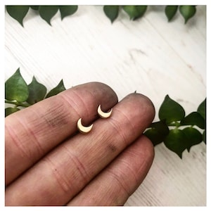 Handmade eco sterling silver brass crescent moon studs earrings