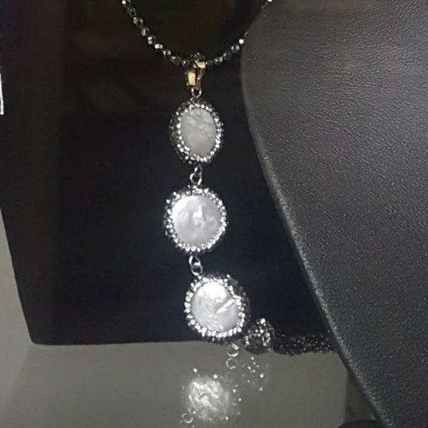 Drco style Elegant Pave Pearl 3 tier drop necklace abd blazon chain