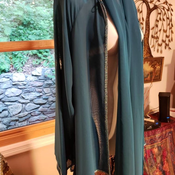 Vintage silk Oleg Cassini Black Tie Teal Sheer beaded Jacket with matching wrap/scarf Size 4 but easily a 6. Perfect condition. Tags still