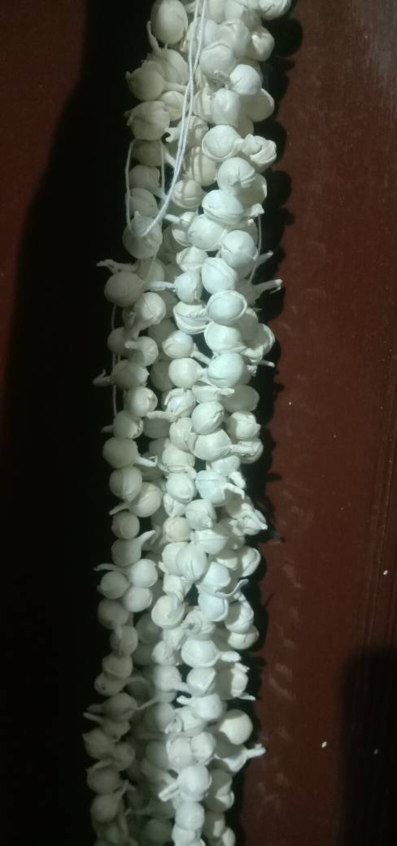 Pu&ograve; includere: Una lunga catena di ornamenti rotondi e bianchi, infilati su un filo bianco. Gli ornamenti sono appesi a una superficie marrone.