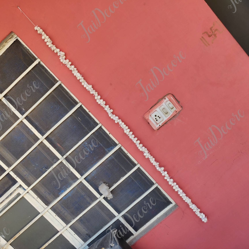 Pu&ograve; includere: Una ghirlanda di spicchi d'aglio decorativi bianchi appesa a un muro rosa con una cornice della finestra bianca e una presa di corrente bianca.