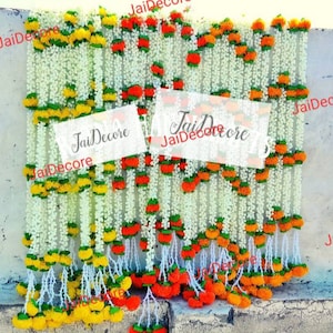 5 Pieces Lot of Jasmine Buds Marigold Fusion Backdropes Flower Mogra Wedding Indian Decoration Natural Look Colorful Strand Gift Green Leaf