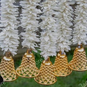 Jasmine Flower Garlands With Beautiful Bells Backdrops Flower Strings Wedding Arch Indian Decoration Traditional Natural Look Colorful Mala