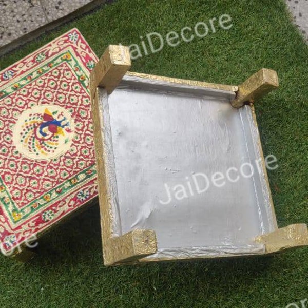 Indian Wedding Decoration Bajot Chowki Wooden Seat Wooden Chowki Decorated Pata Chowki Beutiful Seat for Groom And Bride Traditional Chair