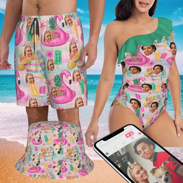 Custom Women Swimsuit Men Swim Trunk Bucket Hat Flamingo Floral Pineapple Personalized Couple Matching Pet Face Beachwear Summer Funny Gift
