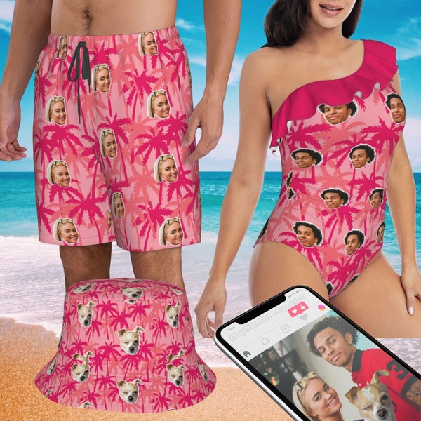 Custom Women Swimsuits Men Swim Trunk Bucket Hat Hawaii Beach Palm Floral Personalized Couples Matching Pet Face Beachwear Summer Funny Gift