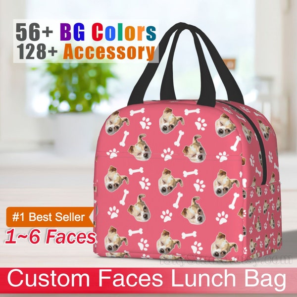 Personalized Photo Cat Faces Lunch Bag Dog Pet Kitten Custom Insulated Tote Box Container for Men Women Kids Child Back to School Travel