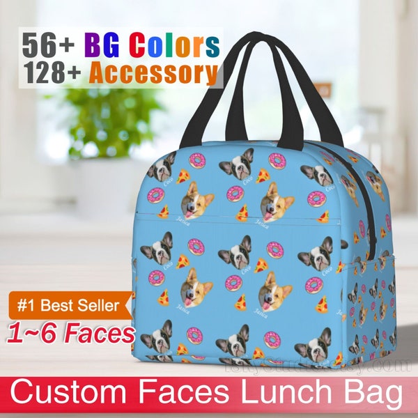 Custom Photo Pet Face Lunch Bag Dog Cat Lovers Donut Pizza Personalized Insulated Tote Box Container for Men Women Kid Back to School Travel