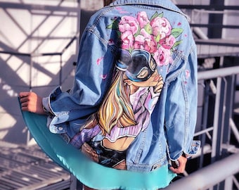 Hand painted denim jacket; Denim jacket with art; Gift; Custom Denim Jacket; Jacket with painting; Exclusive work; Art on denim