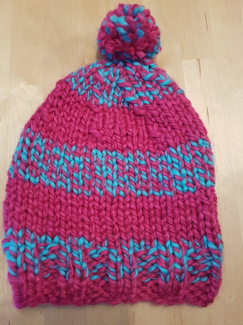 Ladies Hand Knitted Slouch Beanie PinkTurquoise