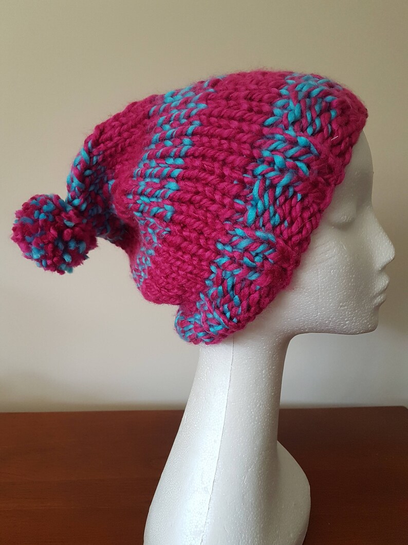 Ladies Hand Knitted Slouch Beanie PinkTurquoise