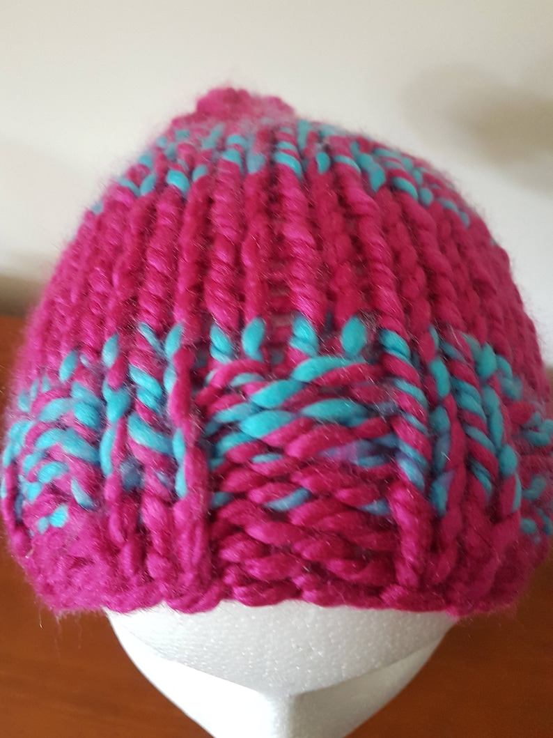 Ladies Hand Knitted Slouch Beanie PinkTurquoise