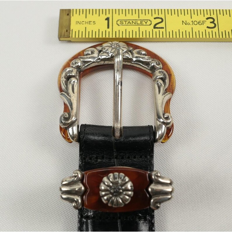 VTG Brighton Black Leather Croc Belt Amber Inlay Embossed Silver Buckle '96 USA image 12