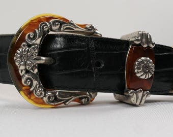 VTG Brighton Black Leather Croc Belt Amber Inlay Embossed Silver Buckle '96 USA