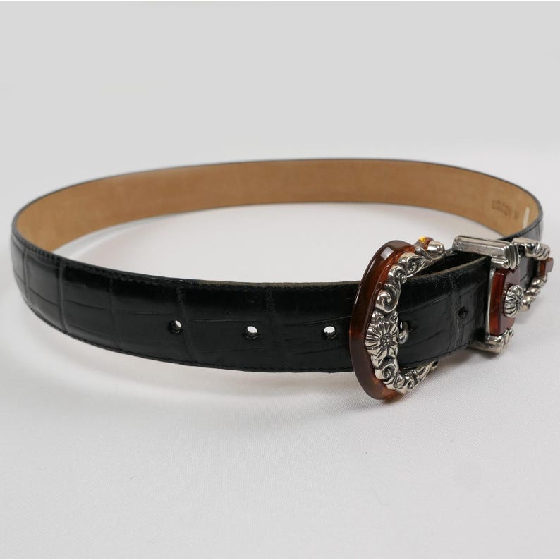 VTG Brighton Black Leather Croc Belt Amber Inlay Embossed Silver Buckle '96 USA image 3