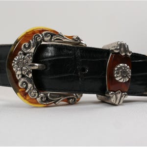 VTG Brighton Black Leather Croc Belt Amber Inlay Embossed Silver Buckle '96 USA image 2