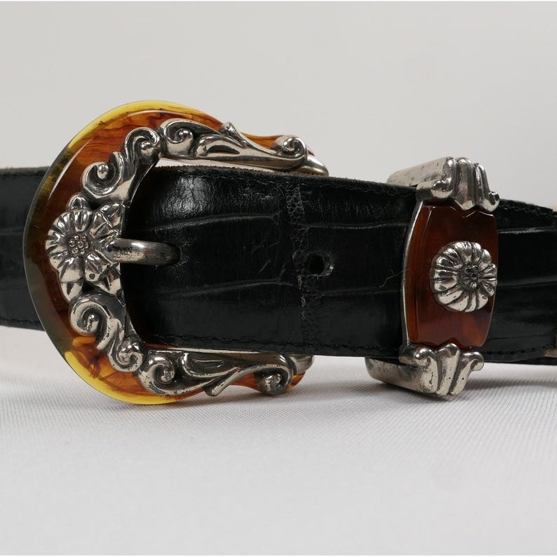 VTG Brighton Black Leather Croc Belt Amber Inlay Embossed Silver Buckle '96 USA image 2