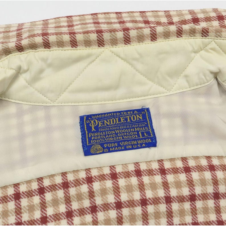 VTG 60s Pendleton Virgin Wool Flannel Shirt Mens Large Salmon Plaid USA Made image 8