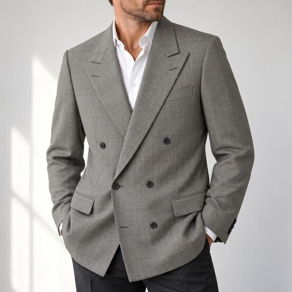 Hickey Freeman, VTG Hickey Freeman Mens 40L Glen Plaid Double Breasted Blazer Peak Lapel 80s