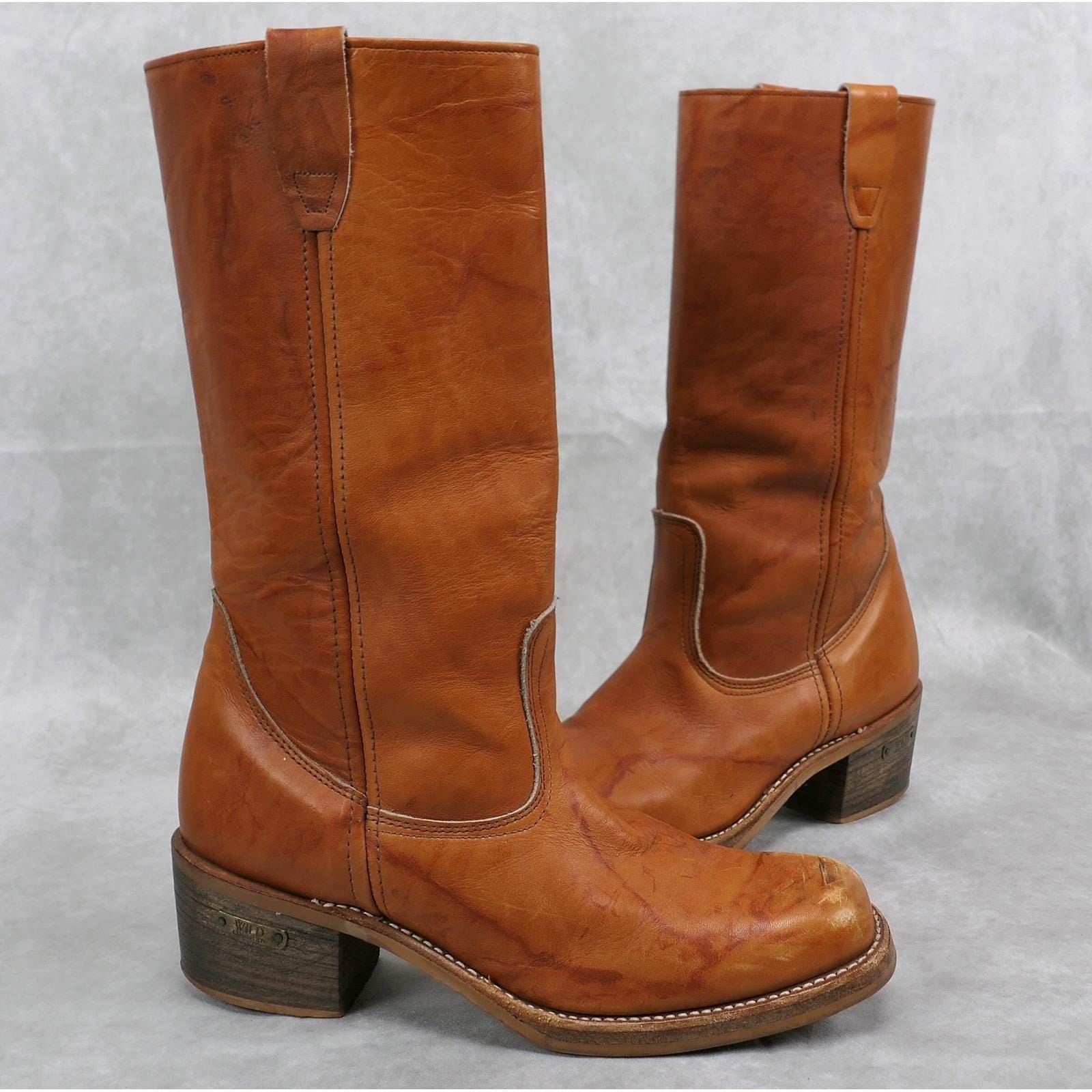 Mens Frye Campus Mid-Calf Boots Tan Leather Stacked Heel Size 10 Vintage Mens Frye Style Brown Leather Campus Boots | Shop  main image 2
