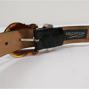 VTG Brighton Black Leather Croc Belt Amber Inlay Embossed Silver Buckle '96 USA image 6
