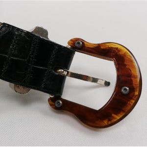 VTG Brighton Black Leather Croc Belt Amber Inlay Embossed Silver Buckle '96 USA image 7
