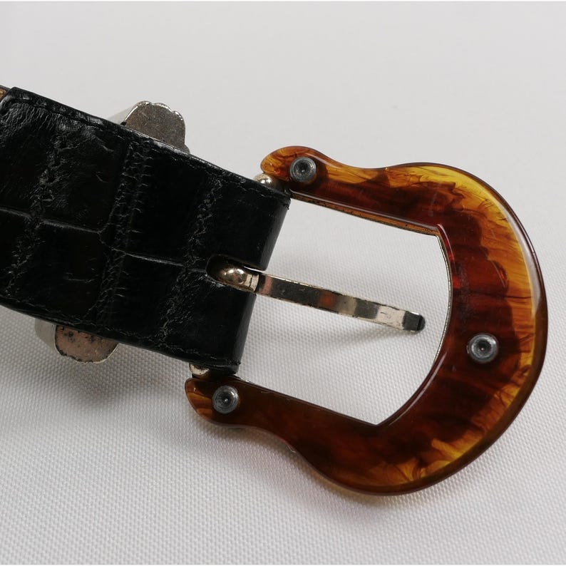 VTG Brighton Black Leather Croc Belt Amber Inlay Embossed Silver Buckle '96 USA image 7