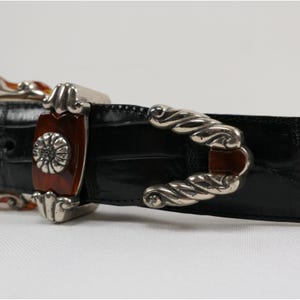 VTG Brighton Black Leather Croc Belt Amber Inlay Embossed Silver Buckle '96 USA image 5