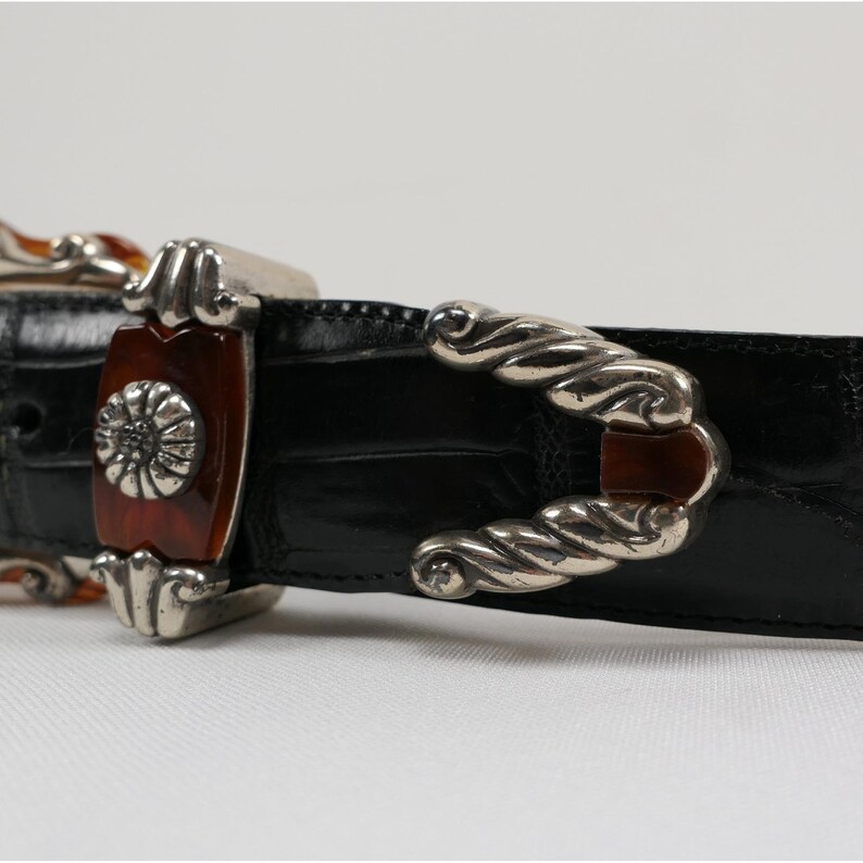 VTG Brighton Black Leather Croc Belt Amber Inlay Embossed Silver Buckle '96 USA image 5