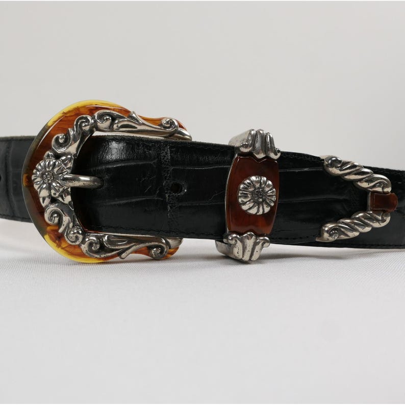 VTG Brighton Black Leather Croc Belt Amber Inlay Embossed Silver Buckle '96 USA image 4