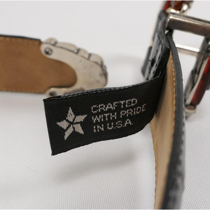 VTG Brighton Black Leather Croc Belt Amber Inlay Embossed Silver Buckle '96 USA image 10