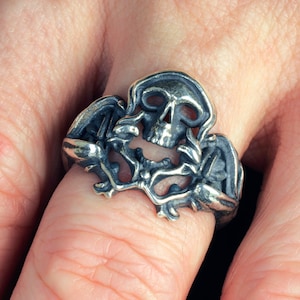 Double headed serpent skull pirate Silver ring, Pair of snakes, Nordic dragon folklore mythology sea creatures, Jormungandr, 3D Jewelry