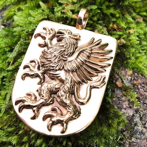 Griffin necklace pendant 3D Jewelry, Heraldic knight medieval heater shield, Gryphon Coat of arms crest, Lion eagle, Gold Silver Brass