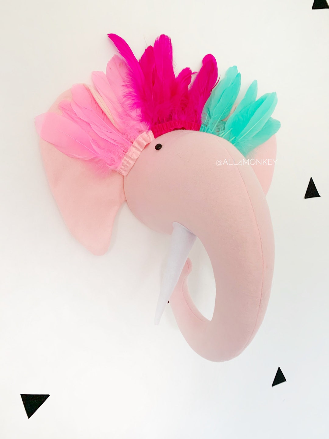 Elephant Head With Feathers Animal Head, Animal Head Wall Decor, Faux Taxidermy, Safari Nursery