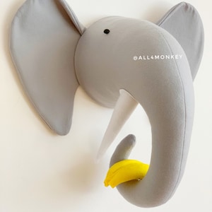 Felt Elephant Head Wall Decor with Banana - Handmade Nursery Safari Animal