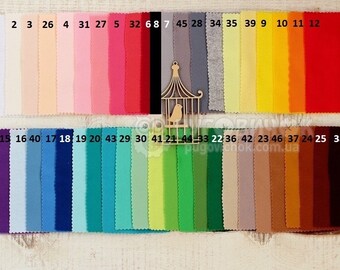 May include: A color chart featuring 38 fabric swatches in various shades, from light pastels to deep hues. A wooden birdcage decoration is centered. The swatches are numbered for easy reference, with a website address at the bottom.