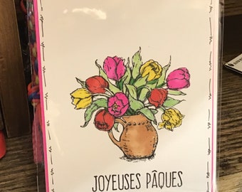 Joyeuses Paques Greeting Card/  Easter, flowers, pitcher, French