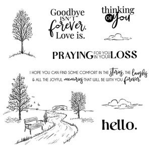May include: A monochrome line drawing featuring text such as "Goodbye isn't forever. Love is." and "thinking of you." The image also includes a landscape scene with trees, a path, and a bench.