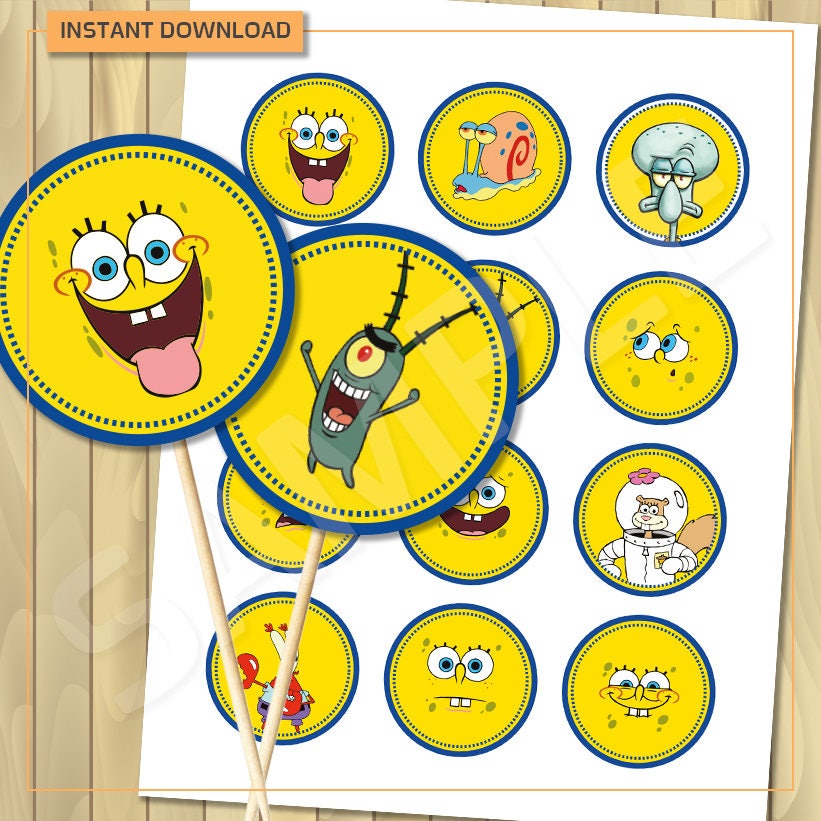 Spongebob Cupcake Toppers For Birthday Party Digital File Etsy