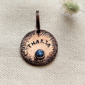 Rustic Copper Pet ID with Labradorite, Thick Large Dog Tag in Solid Copper with Genuine Gemstone, Personalized Keyring Stone, Premium Pet ID