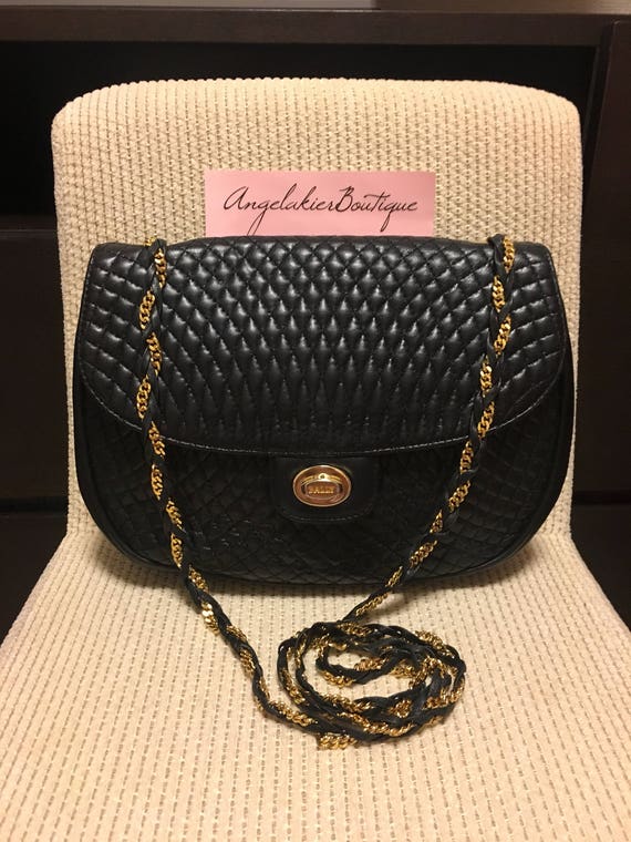 Vintage Bally Black Leather Quilted Chain Strap Handbag