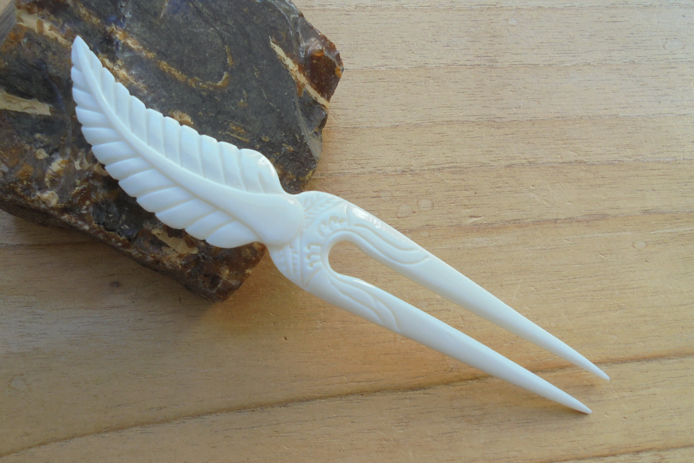 Bnwt!!! Feather tribe ivory bone hair stick Feather Bone Hair Sticks, Hair Pin, Hair Fork, 2 Prongs Hair  main image 2