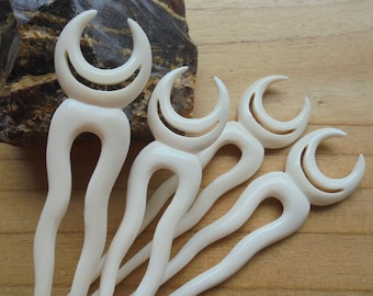 Two Prongs/2 Prongs CRESCENT MOON Hair Stick, Bone Hair Sticks, Wood Hair Fork, Hair Accessories HS800-8 BN