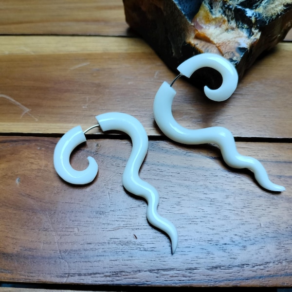Long Bone Spiral Fake Earrings: Tribal Bali Jewelry