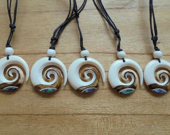 Maori Koru Spiral Bone Necklace with Paua Shell Inlay and Antique Color, Bone Pendant, Bali Bone Carving Jewelry M13