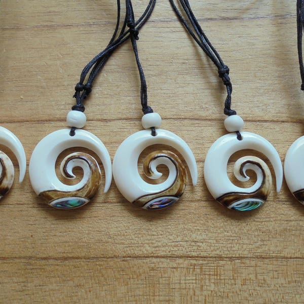 Maori Koru Spiral Bone Necklace with Paua Shell Inlay and Antique Color, Bone Pendant, Bali Bone Carving Jewelry M13